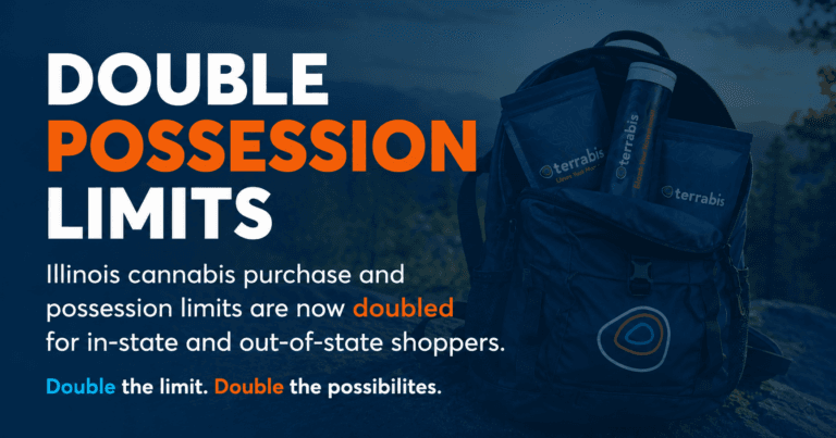 Double possession limits blog graphic announcing that Illinois cannabis purchase and possession limits are now doubled for in-state and out-of-state shoppers.